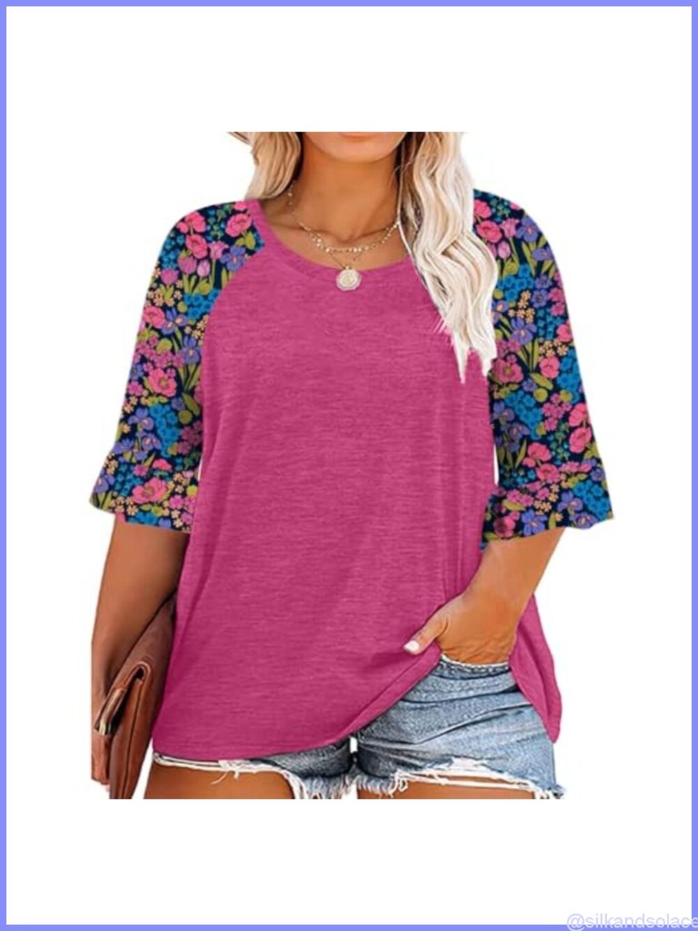 Womens Plus Size 3/4 Sleeve Tunic Top Floral Ruffle Sleeve Crewneck Blouse